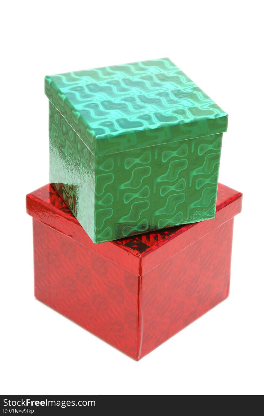 Two stacked boxes that could be used for gifts. Two stacked boxes that could be used for gifts.