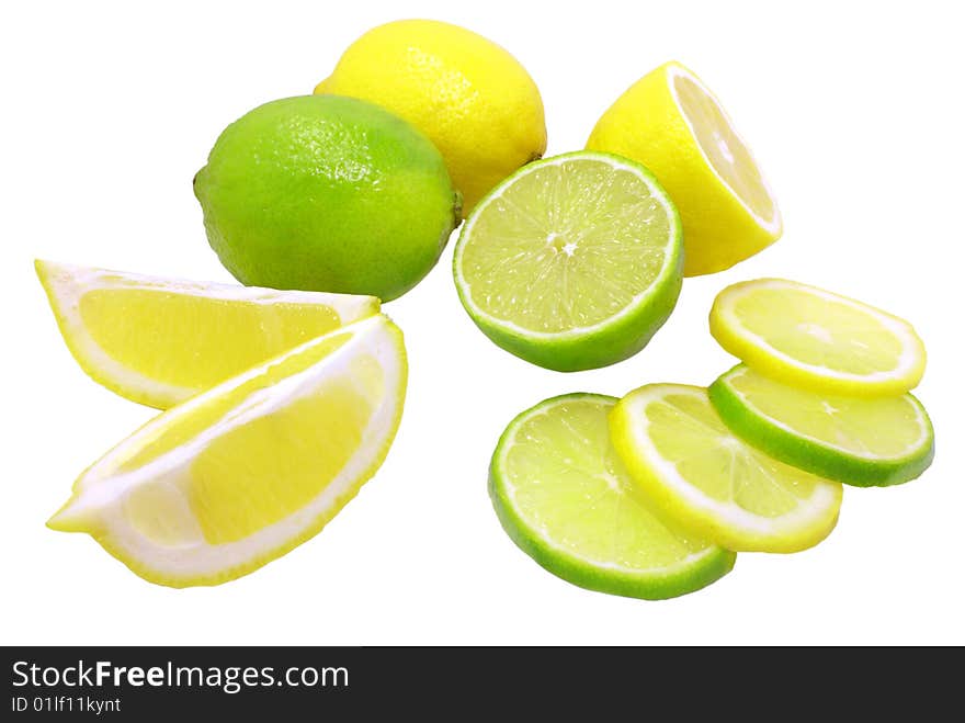 Group of fresh lemons and limes isolated over white with clipping path. Group of fresh lemons and limes isolated over white with clipping path