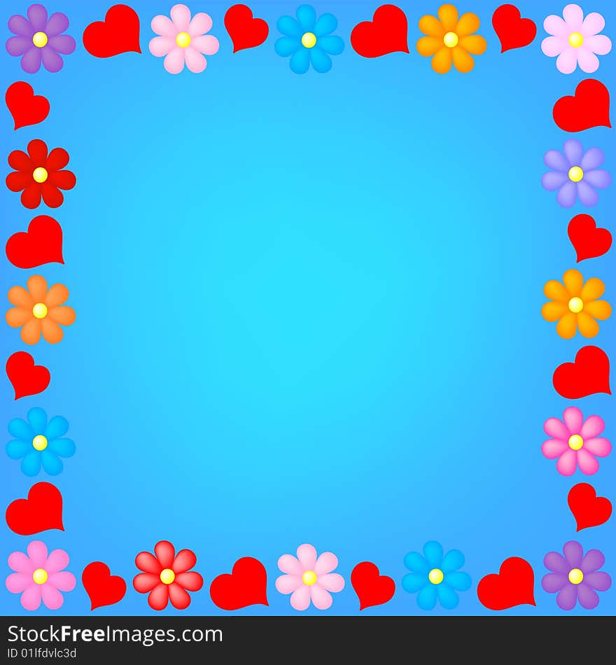 Frame with colorful flowers and red hearts on deep blue background. Frame with colorful flowers and red hearts on deep blue background