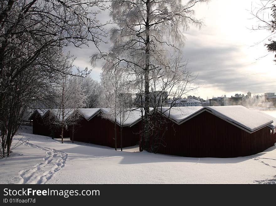 Very cold day, view over a neighbourhood in Finland