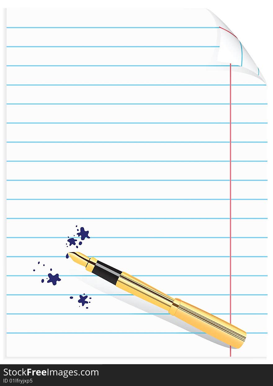 Vector realistic page of notebook with pen and blots. Tke rasterized image is also available as path