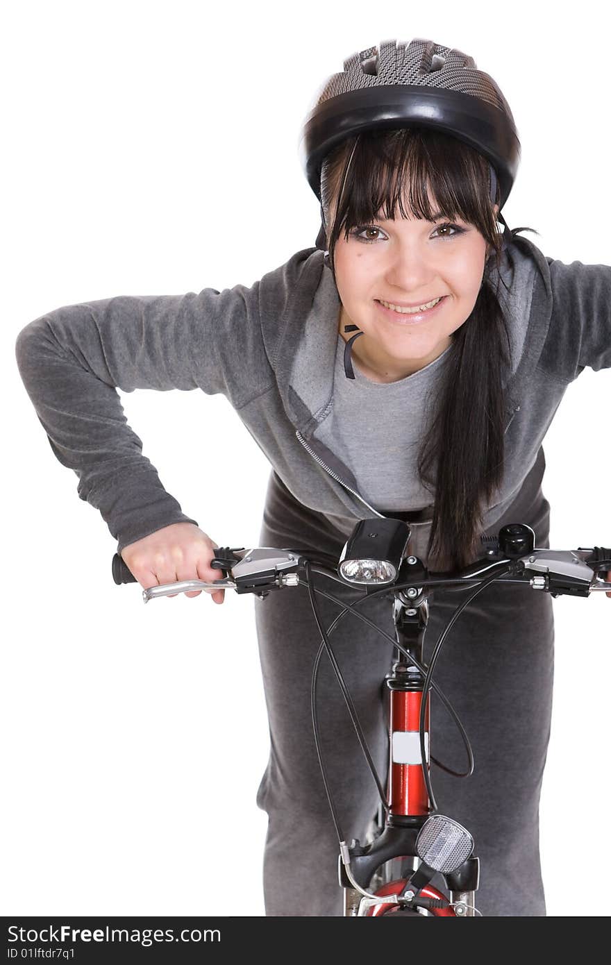 Attractive brunette woman with bike. over white background. Attractive brunette woman with bike. over white background