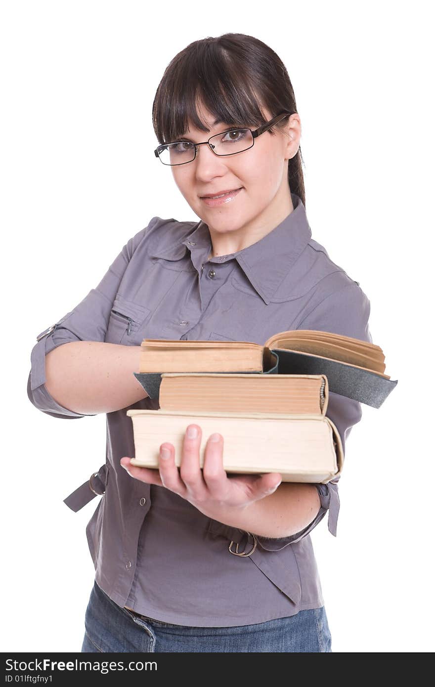 Brunette woman with books. over white background. Brunette woman with books. over white background