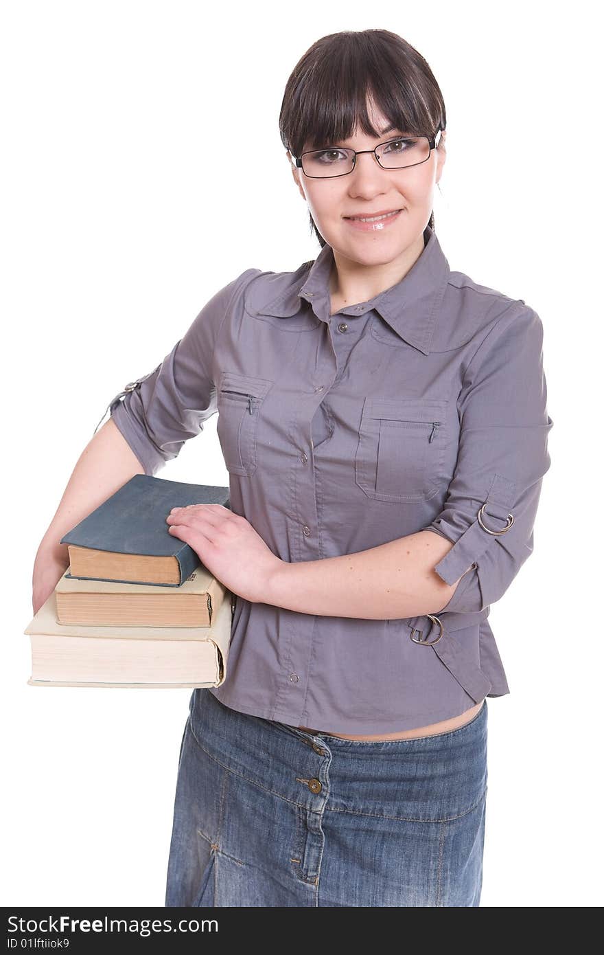 Brunette woman with books. over white background. Brunette woman with books. over white background