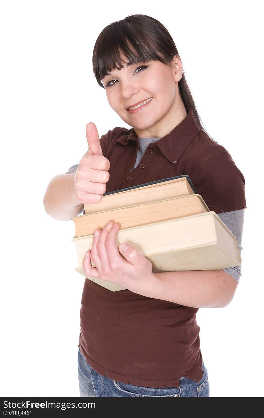 Brunette woman with books. over white background. Brunette woman with books. over white background