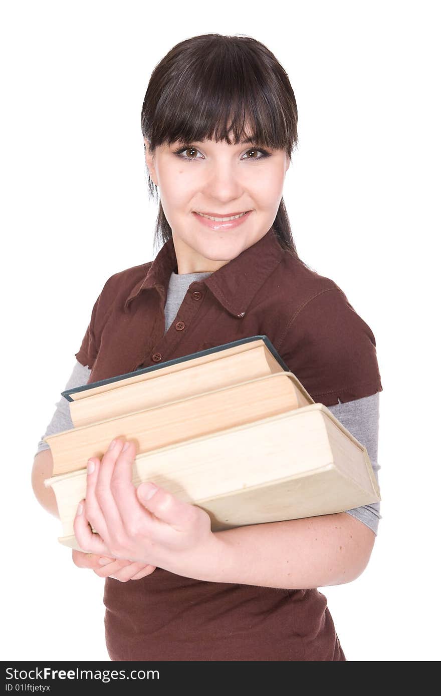 Brunette woman with books. over white background. Brunette woman with books. over white background