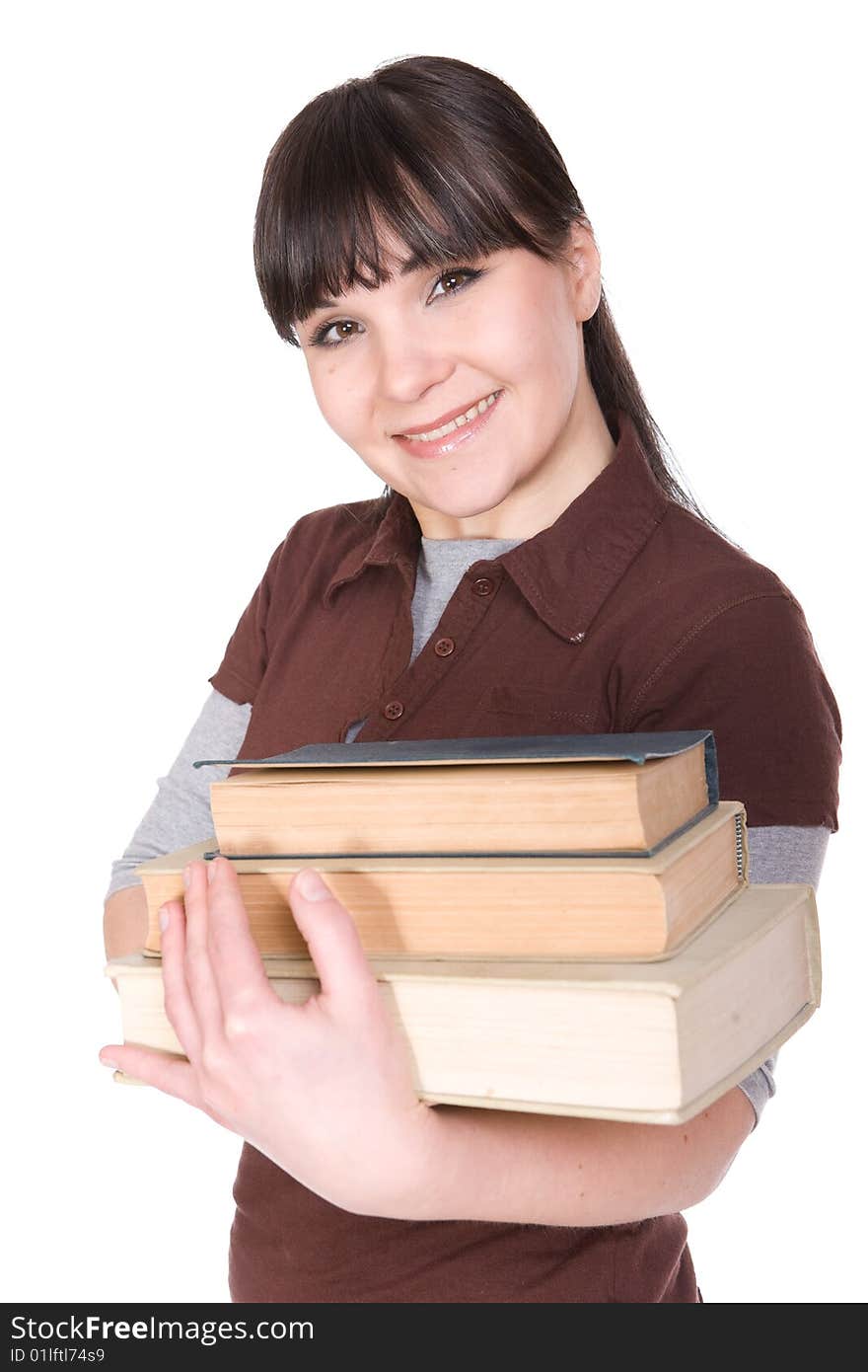 Brunette woman with books. over white background. Brunette woman with books. over white background