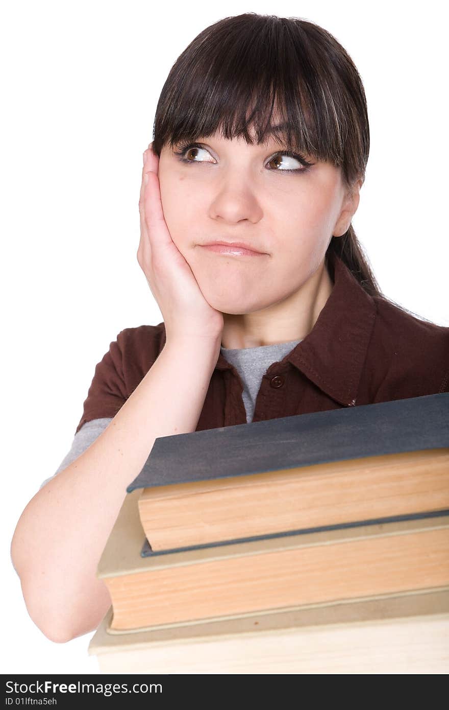 Brunette woman with books. over white background. Brunette woman with books. over white background