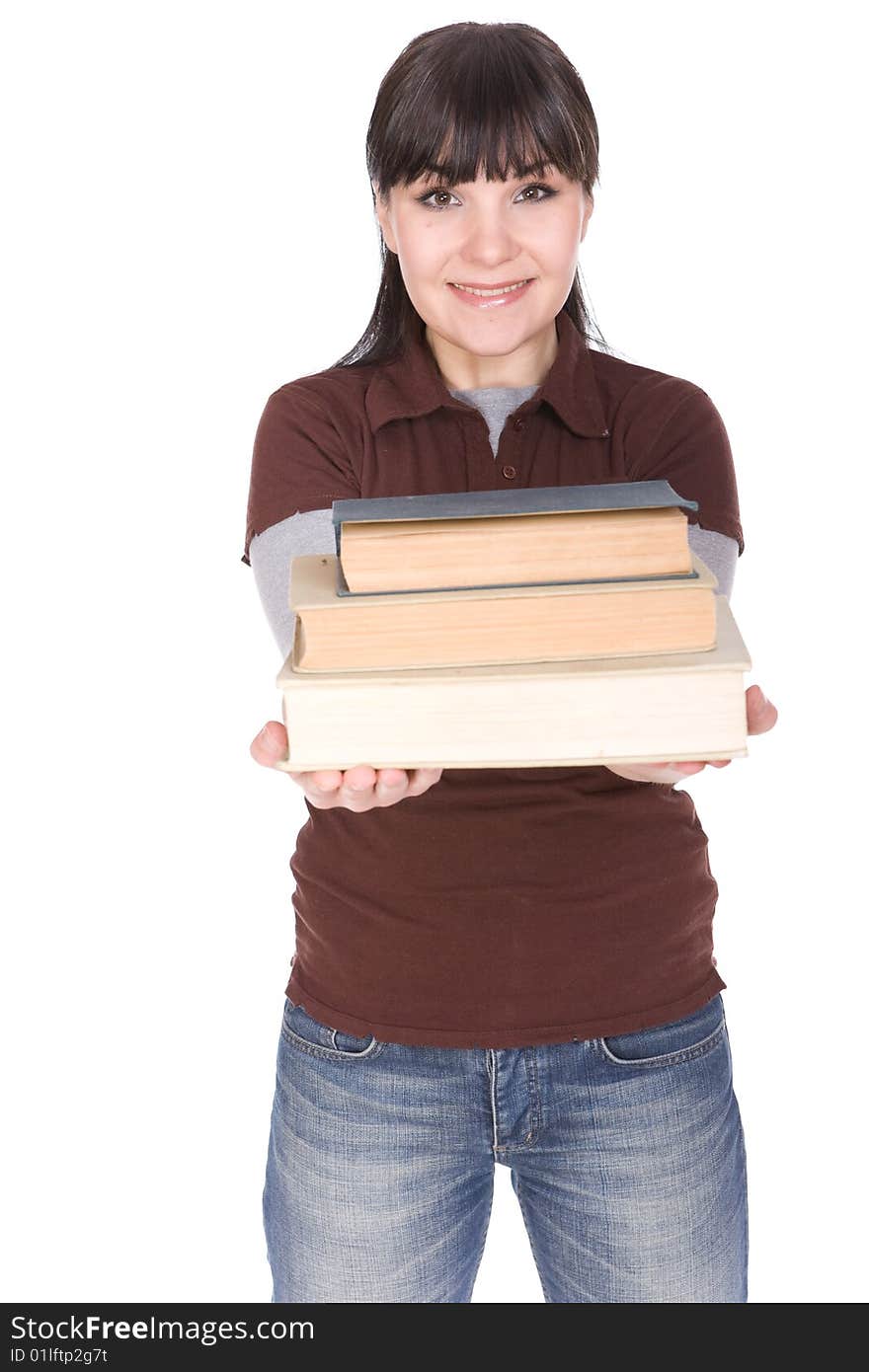 Brunette woman with books. over white background. Brunette woman with books. over white background