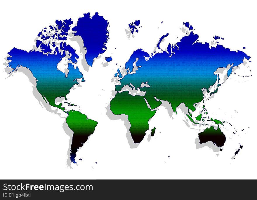 The map of the world with gradient blue and green colour and shadow isolate background with clipping path