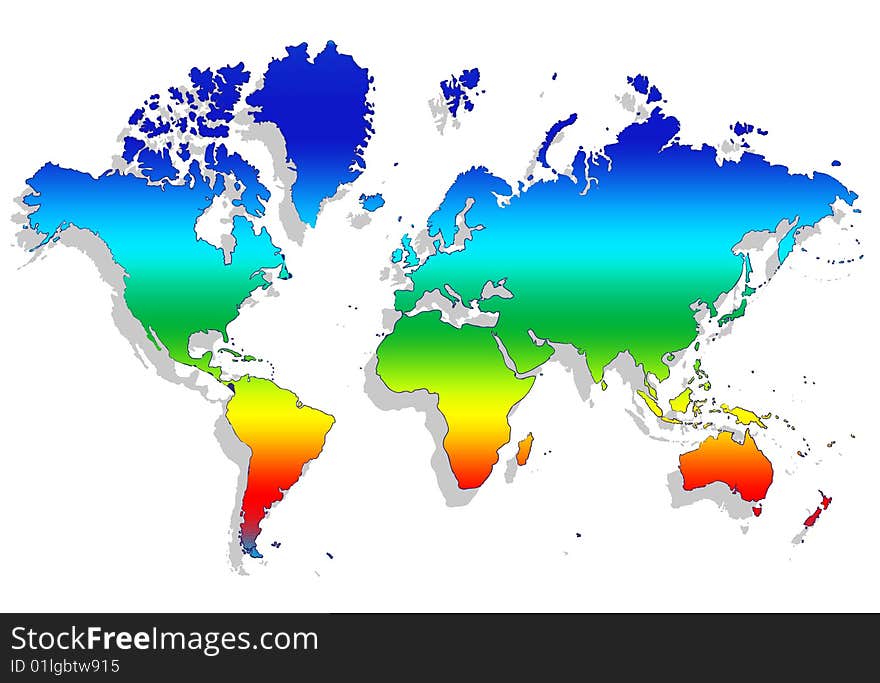 The map of the world with gradient blue and green colour and shadow isolate background with clipping path