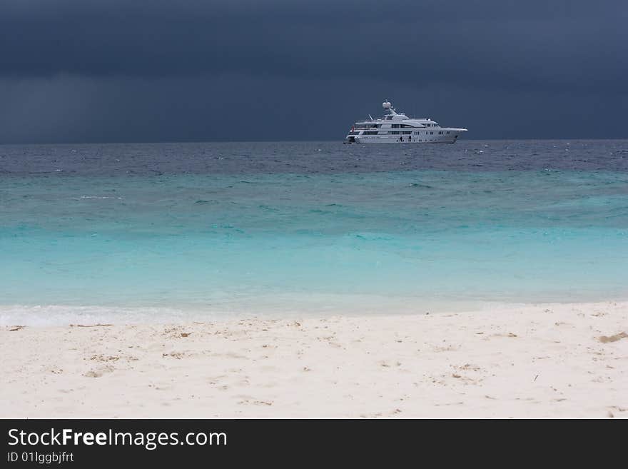 Safari boat. Ocean before thunderstorm.