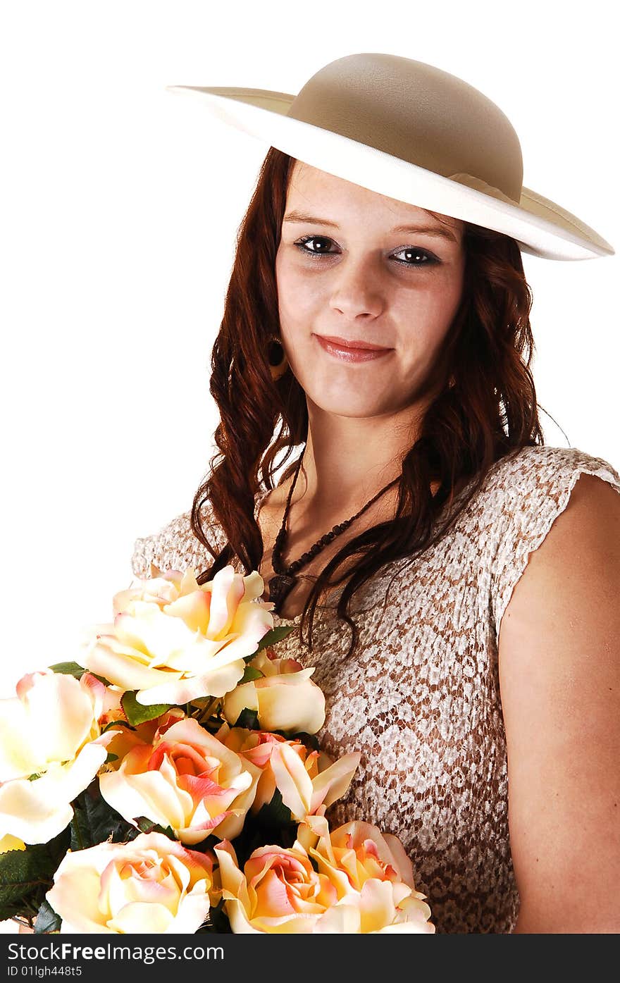 Woman with hat and roses.