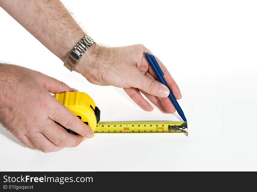 Measurement with measuring tape, on white background