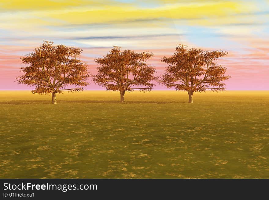 Line of maple trees in a meadow against a vibrant sky. Line of maple trees in a meadow against a vibrant sky.