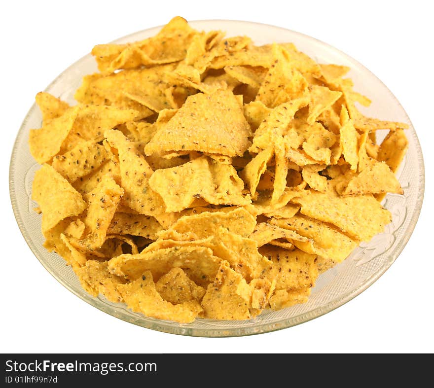 Chips Potatos on bowl with white background