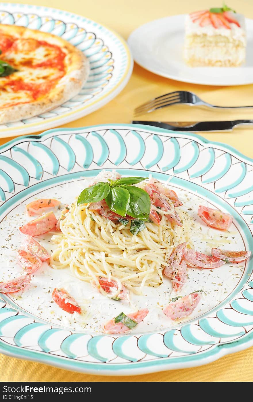 Italy seafood noodles on white dish