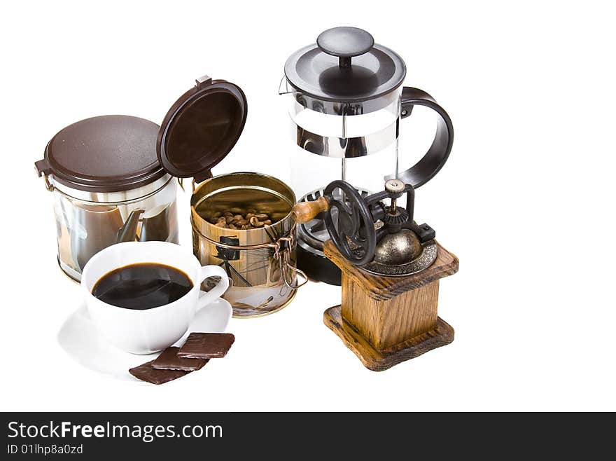 Aromatic sweet coffee in white background