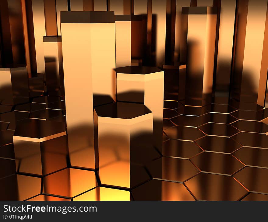 Abstract 3d illustration, golden background with reflections