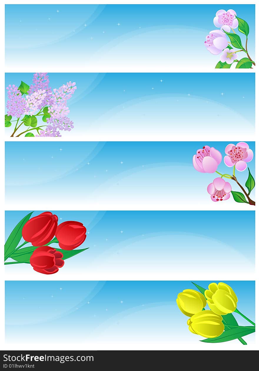 Five horizontal banners with spring flowers on a blue background. There is in addition a vector format (EPS 8). Five horizontal banners with spring flowers on a blue background. There is in addition a vector format (EPS 8).