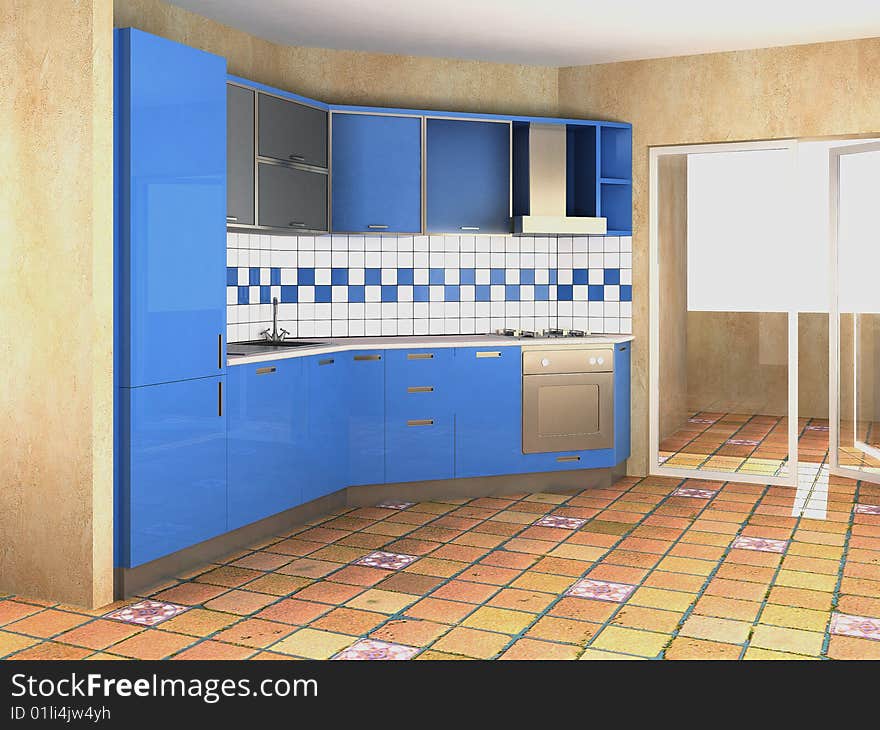 Rendering of modern blu italian kitchen. Rendering of modern blu italian kitchen