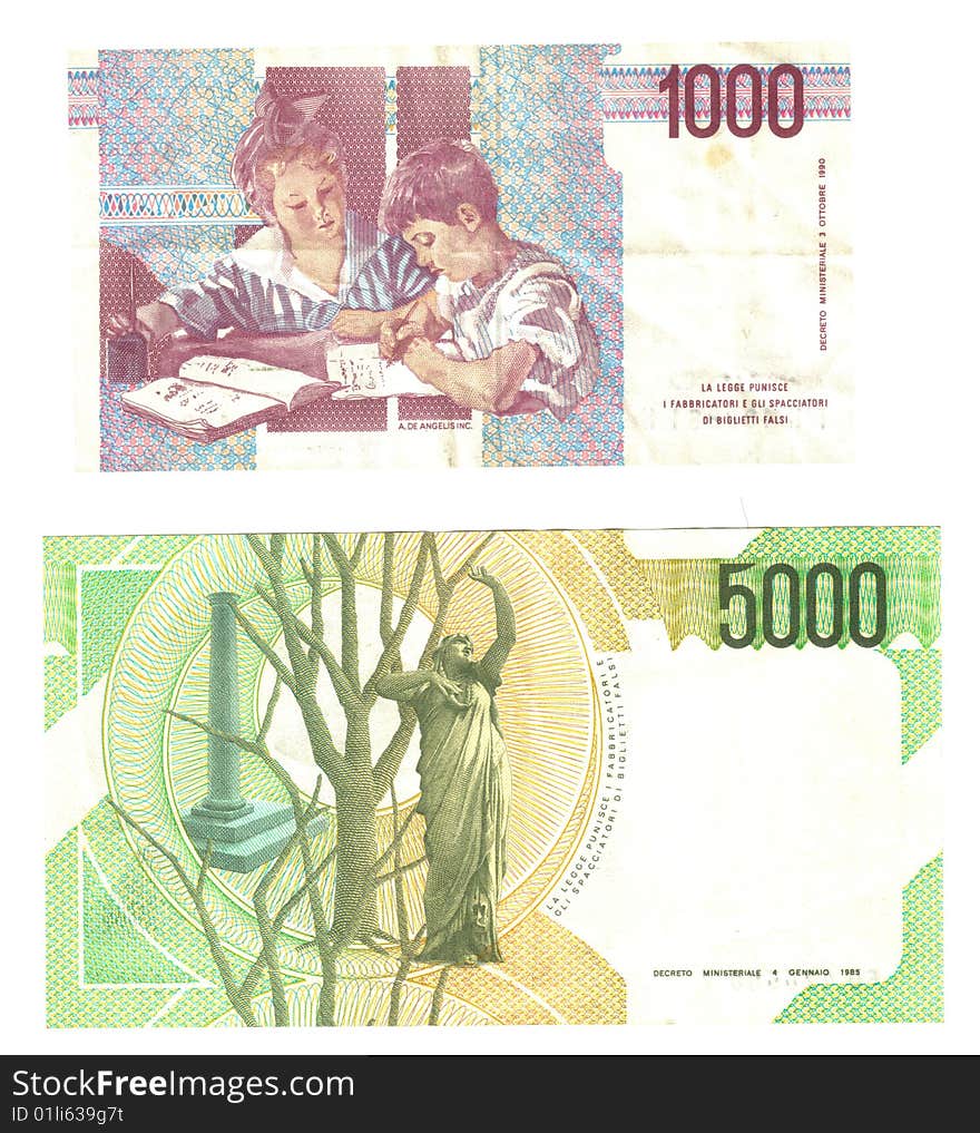 Old italian notes, 1000 and 5000 lire (back). Old italian notes, 1000 and 5000 lire (back)