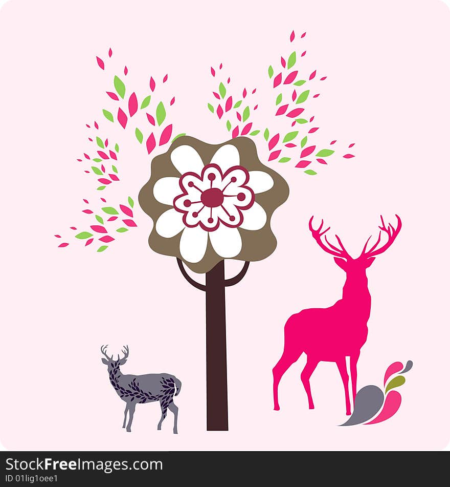 Cute little tree and reindeer wallpaper design. Cute little tree and reindeer wallpaper design