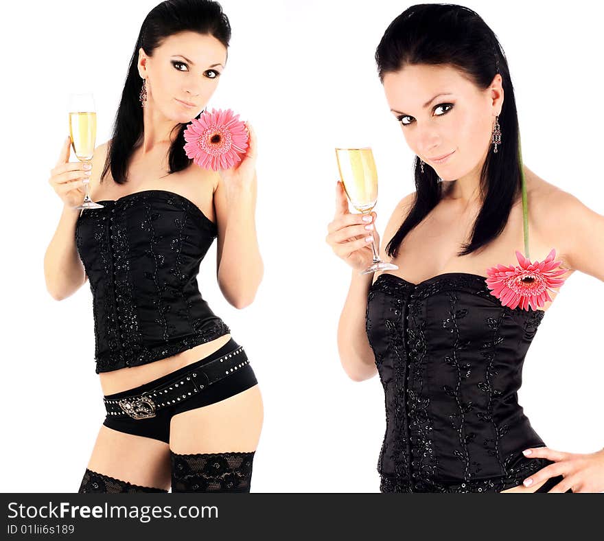 Series of images of the beautiful brunette with a champagne glass.