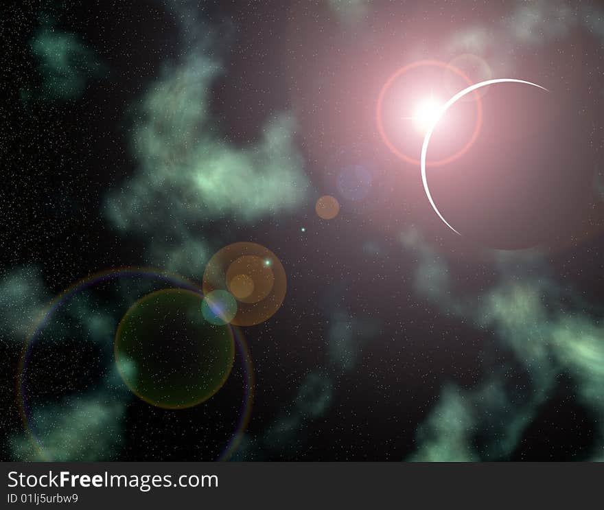 Simulated rising sun over planet in space. Simulated rising sun over planet in space