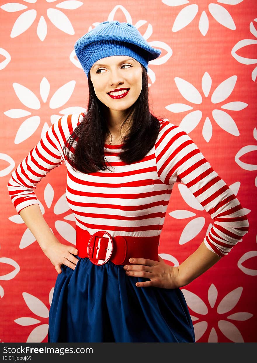 Young smiling caucasian woman wearing retro clothes. Young smiling caucasian woman wearing retro clothes