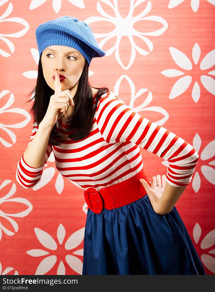 Young smiling caucasian woman wearing retro clothes. Young smiling caucasian woman wearing retro clothes