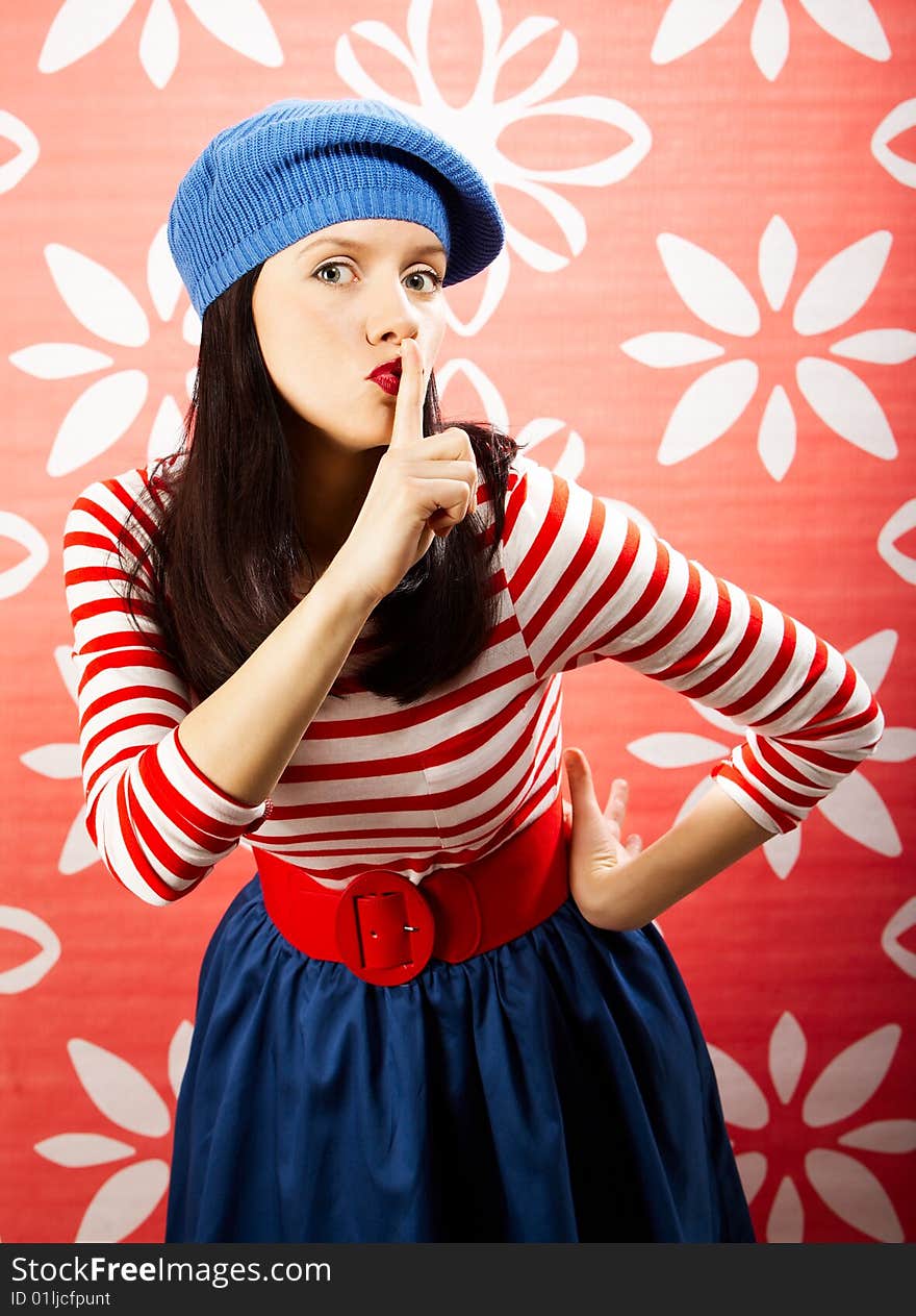 Young smiling caucasian woman wearing retro clothes. Young smiling caucasian woman wearing retro clothes