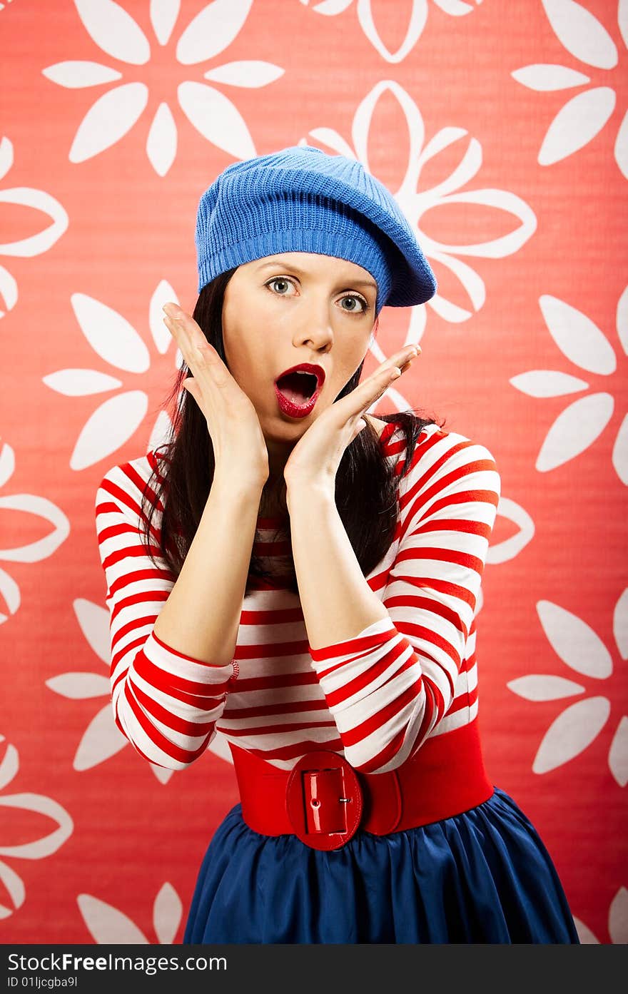 Young smiling caucasian woman wearing retro clothes. Young smiling caucasian woman wearing retro clothes