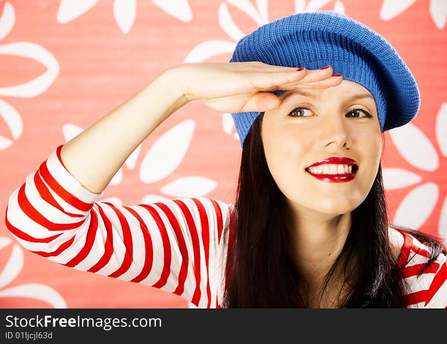 Young smiling caucasian woman wearing retro clothes. Young smiling caucasian woman wearing retro clothes