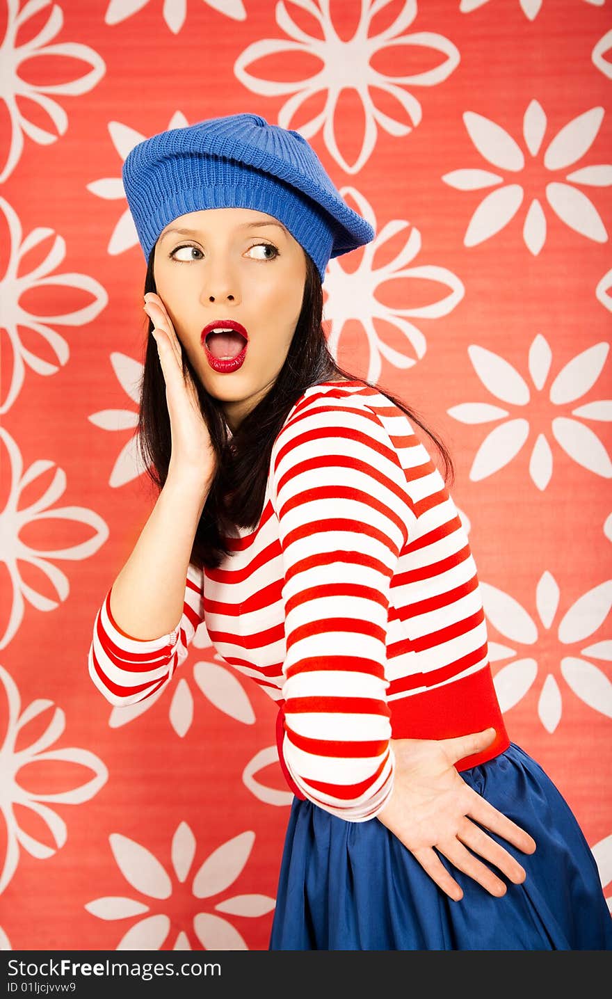 Young smiling caucasian woman wearing retro clothes. Young smiling caucasian woman wearing retro clothes