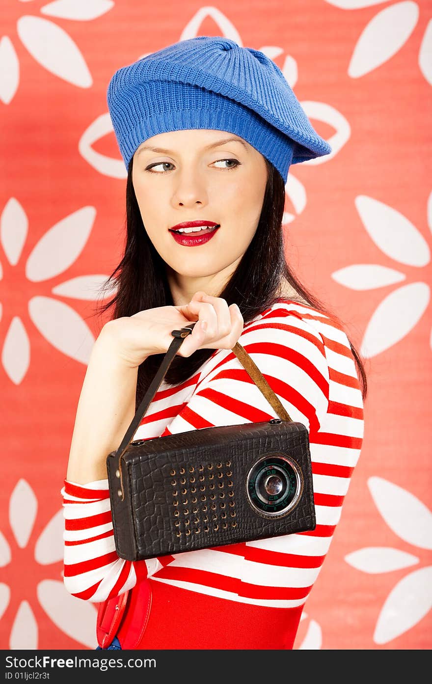 Young smiling caucasian woman wearing retro clothes. Young smiling caucasian woman wearing retro clothes