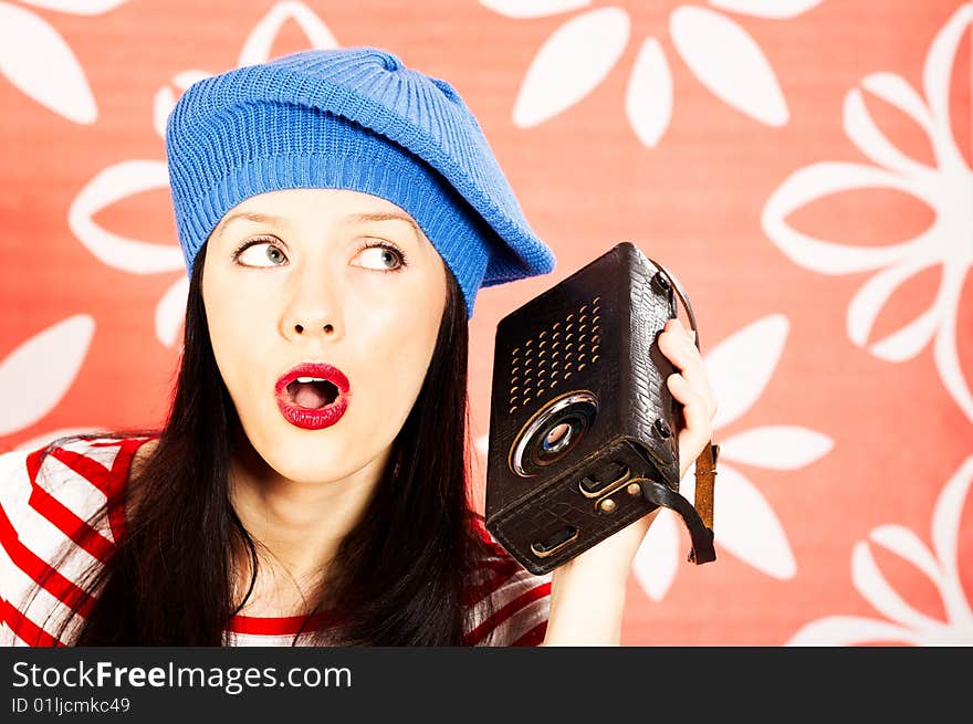 Young smiling caucasian woman wearing retro clothes. Young smiling caucasian woman wearing retro clothes