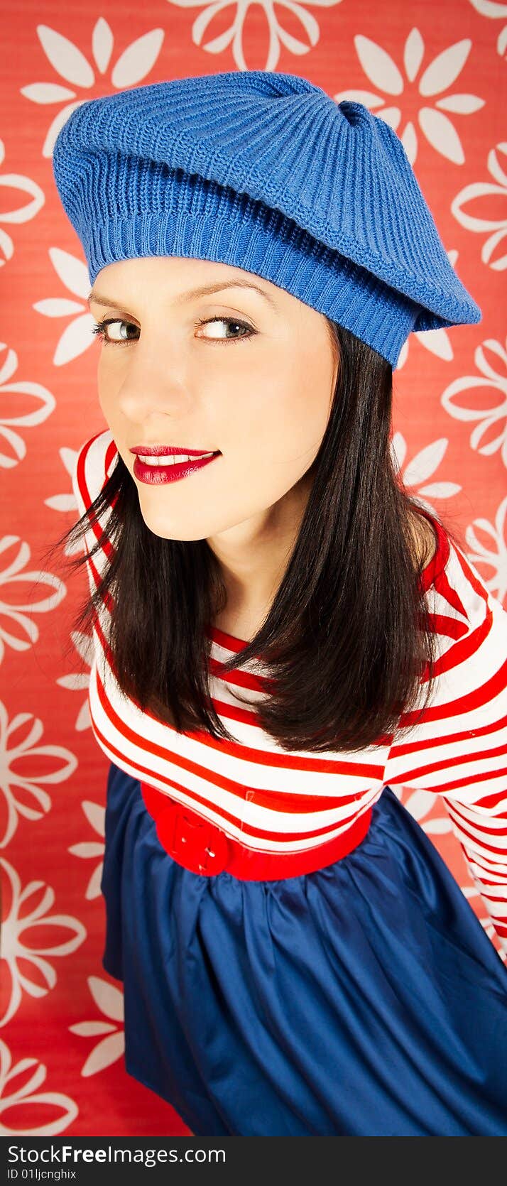 Young smiling caucasian woman wearing retro clothes. Young smiling caucasian woman wearing retro clothes