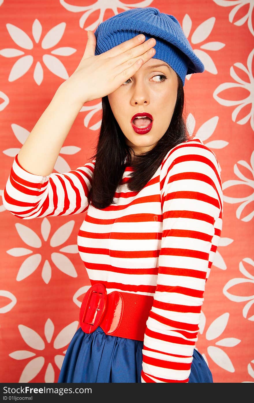 Young smiling caucasian woman wearing retro clothes. Young smiling caucasian woman wearing retro clothes