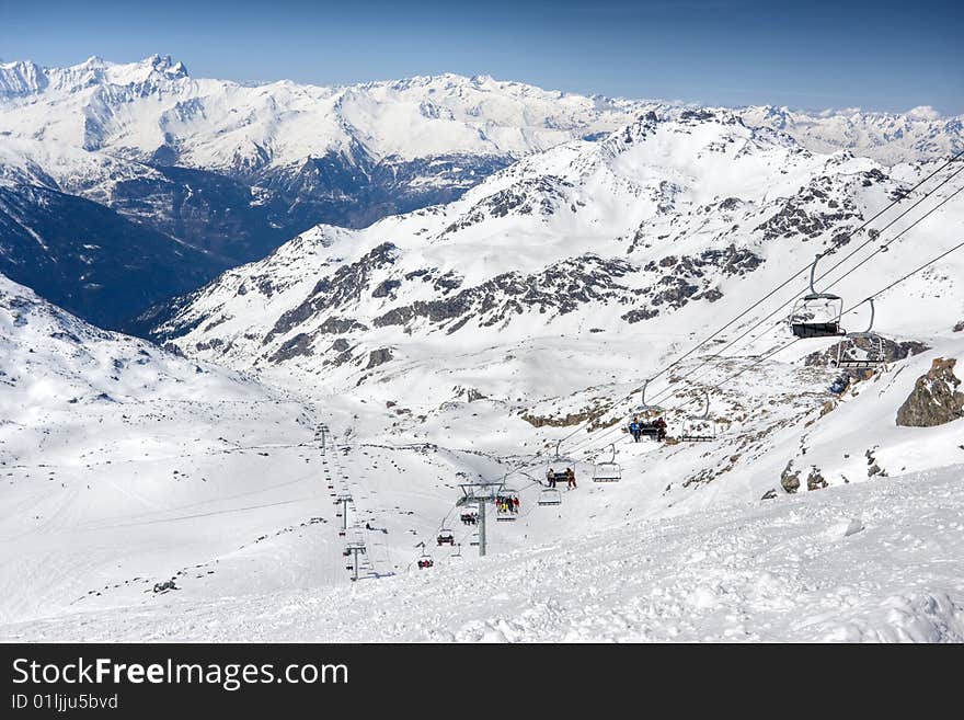 Winter Alps landscape from ski resort Val Thorens. 3 valleys