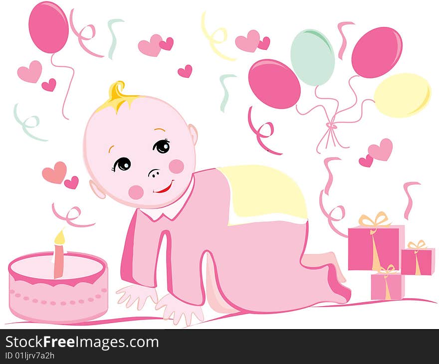Baby's birthday illustration and clip-art of ballons,cake and streamers.Eps8 version available. Baby's birthday illustration and clip-art of ballons,cake and streamers.Eps8 version available