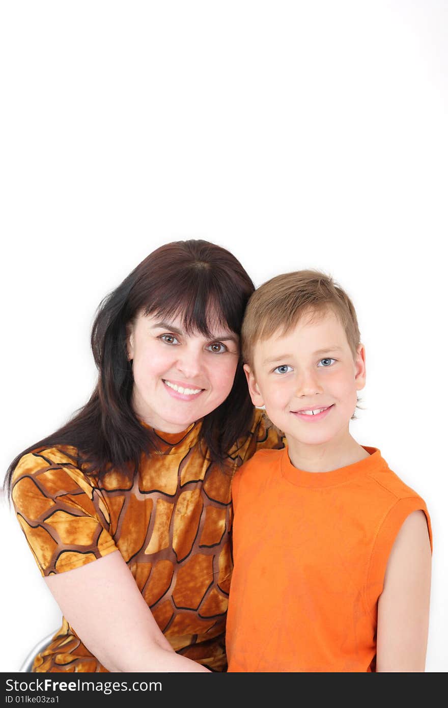 Portrait of woman with boy on white background