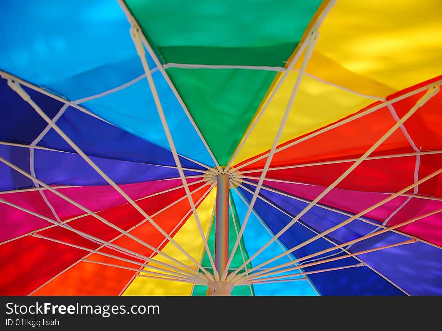 Abstract image of the underside of a colorful umbrella, showing the spokes. Abstract image of the underside of a colorful umbrella, showing the spokes