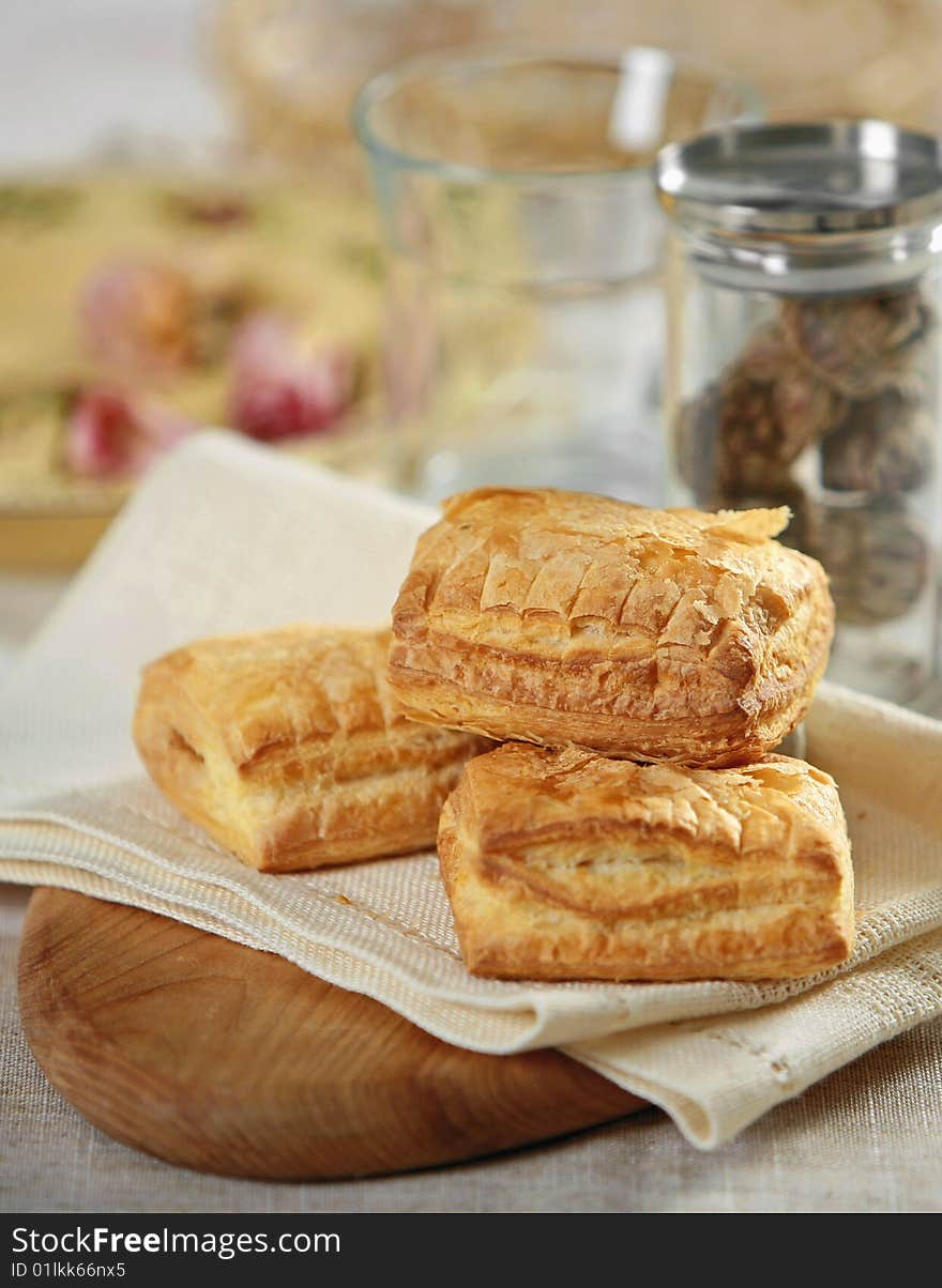 Fresh croissints closeup on wooden desk