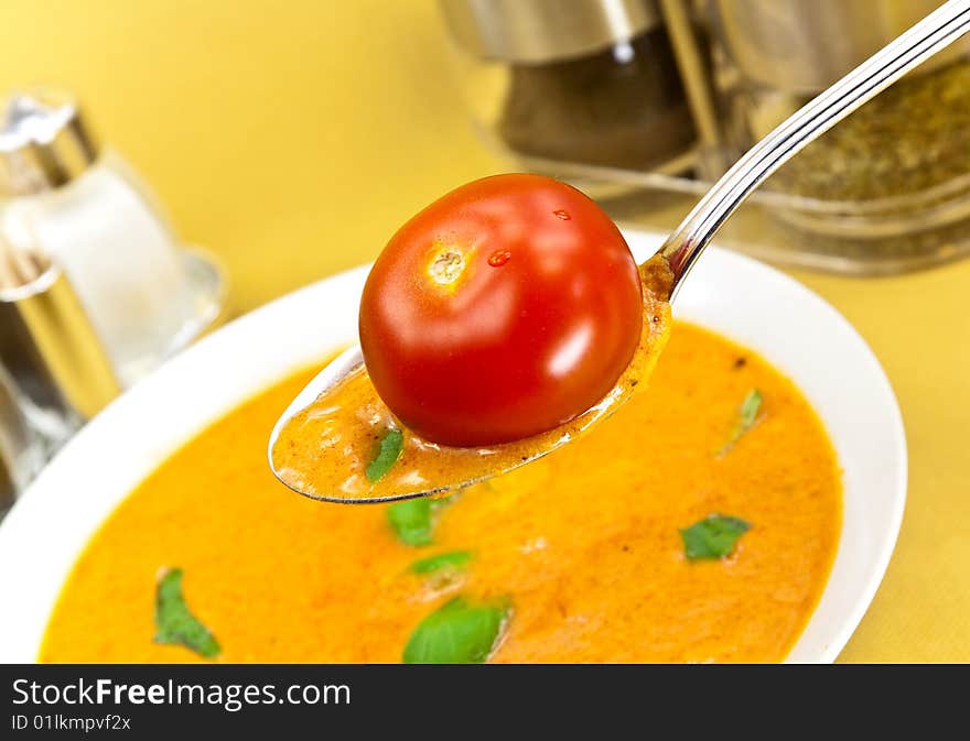 Soup from beet and tomato with sour cream, view from above. Soup from beet and tomato with sour cream, view from above.