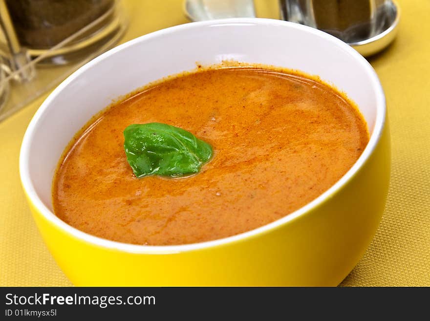 Soup from beet and tomato with sour cream, view from above. Soup from beet and tomato with sour cream, view from above.