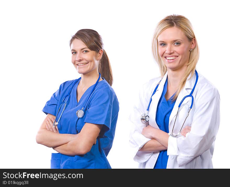 Female medical team isolated on white