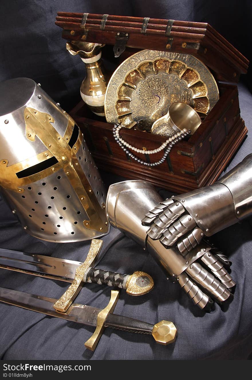 Still-life with an armour, the weapon and treasures