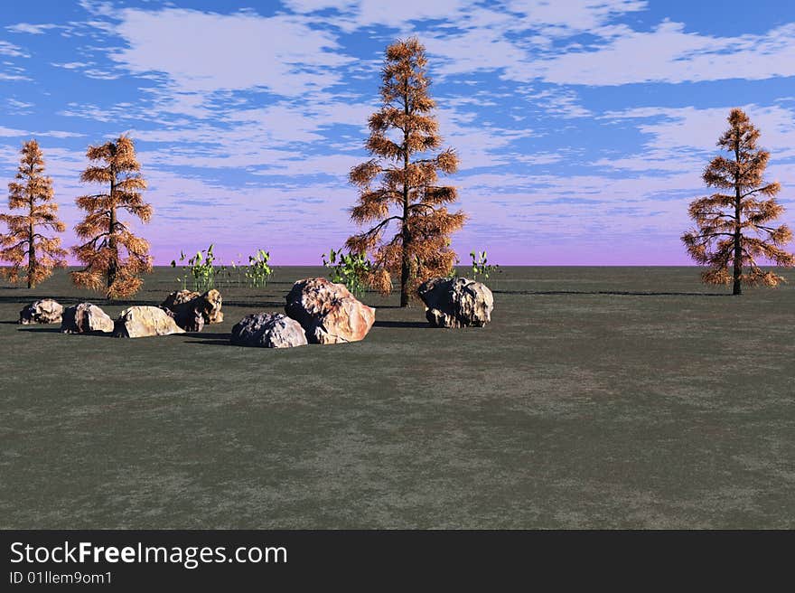 Nice treeline and numerous plants and rocks on this rural landscape. Nice treeline and numerous plants and rocks on this rural landscape.