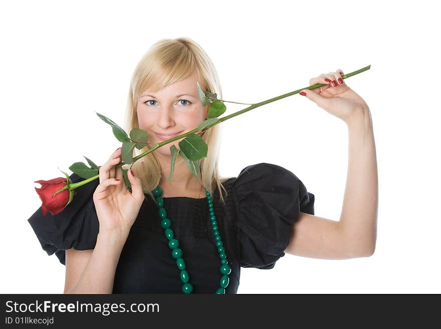 Young woman in black with rose. Isolated on white background